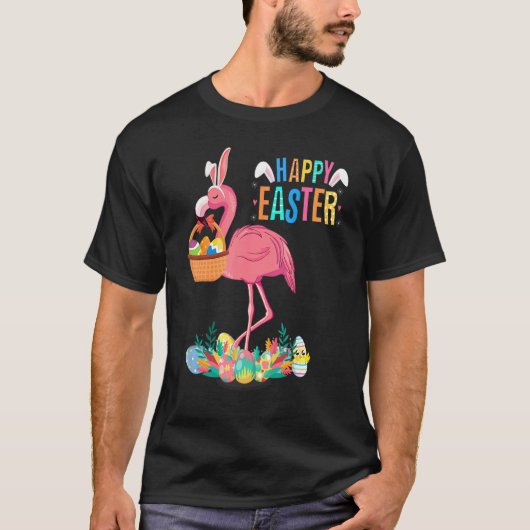Happy Paaster Bunny Flamingo met paasemmandje T-shirt (Voorkant)