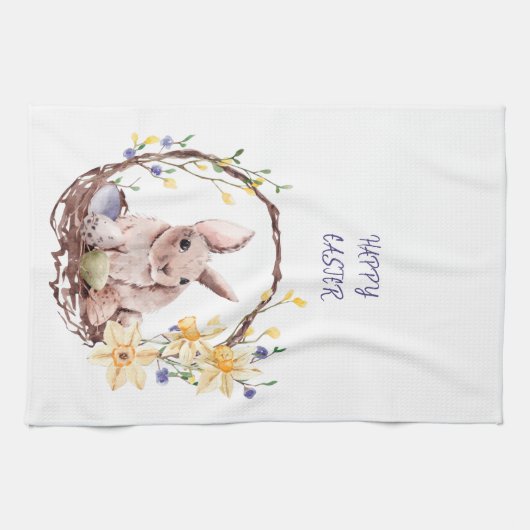 Happy Paaster Bunny Floral Wreath Kitchen Towel Theedoek (Horizontaal)