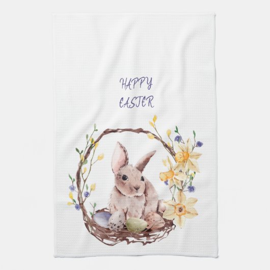 Happy Paaster Bunny Floral Wreath Kitchen Towel Theedoek (Verticaal)