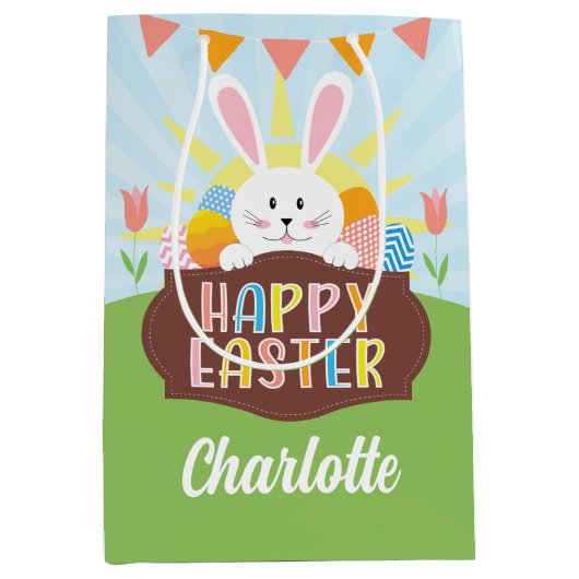 Happy Paaster Bunny Holiday Colorful Eggs Kind Medium Cadeauzakje (Voorkant)