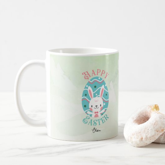 Happy Paaster Bunny in Ei met naam Koffiemok (Met donut)