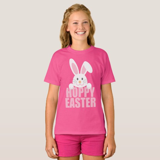 Happy Paaster Bunny Pun Cute Pink Girls T-shirt (Voorkant volledig)