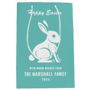 Happy Paaster Bunny Rabbit Familienaam Blauwgroen  Medium Cadeauzakje