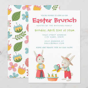 Happy Paaster Bunny Rabbit Floral Brunch Invite Kaart