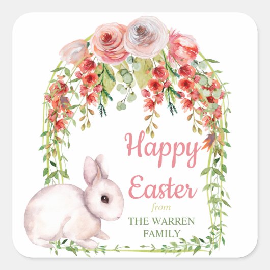 Happy Paaster Bunny Rabbit Floral Lijst Vierkante Sticker (Voorkant)