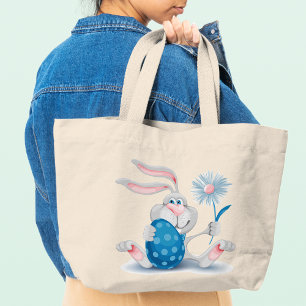 Happy paaster Bunny Rabbit Holding flower and Egg Grote Tote Bag