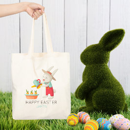 Happy Paaster Bunny Rabbit Watering Carrots Name Tote Bag