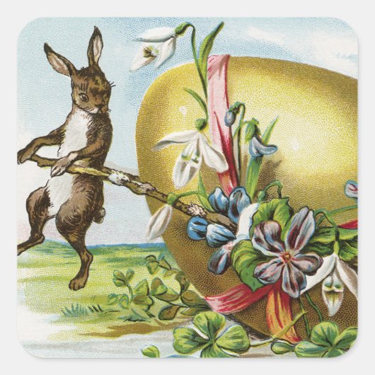  Happy Paaster Bunny Rabbits Easter Eggs Vierkante Sticker (Voorkant)