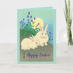 Happy Paaster Bunny Rabbits Flowers Moon Blue Bedankkaart