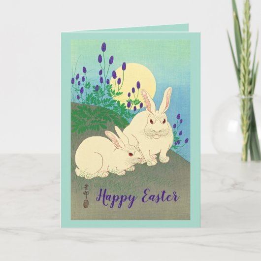 Happy Paaster Bunny Rabbits Flowers Moon Blue Bedankkaart (Voorkant)