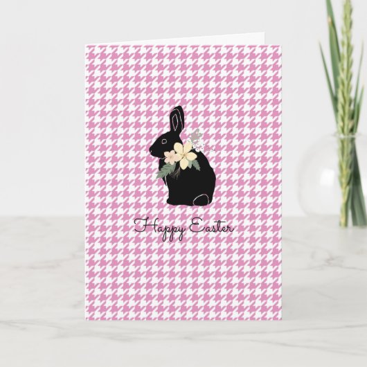 Happy Paaster Bunny Silhouette Flowers Houndstooth Kaart (Voorkant)