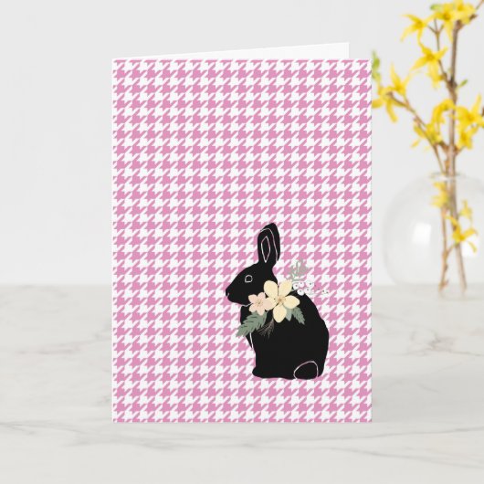 Happy Paaster Bunny Silhouette Flowers Houndstooth Kaart (Gele Bloem)