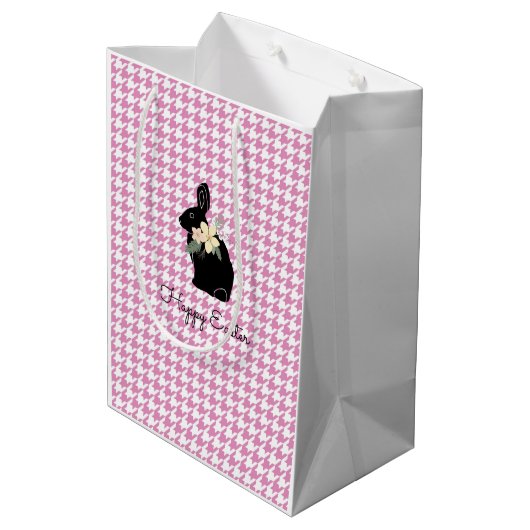 Happy Paaster Bunny Silhouette Flowers Houndstooth Medium Cadeauzakje (Achterkant Gekanteld)
