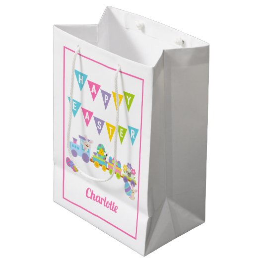 Happy Paaster Bunny Train Pink Medium Medium Cadeauzakje (Voorkant Gekanteld)