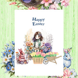 Happy Paaster Bunny Tulip Flower Spring Garden Cut Drieluik Wenskaart