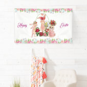 Happy Paaster Bunny Waterverf Floral Wreath Party Spandoek (Insitu)