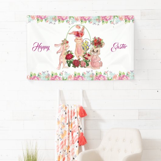 Happy Paaster Bunny Waterverf Floral Wreath Party Spandoek (Insitu)