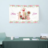 Happy Paaster Bunny Waterverf Floral Wreath Party Spandoek (Beurs)