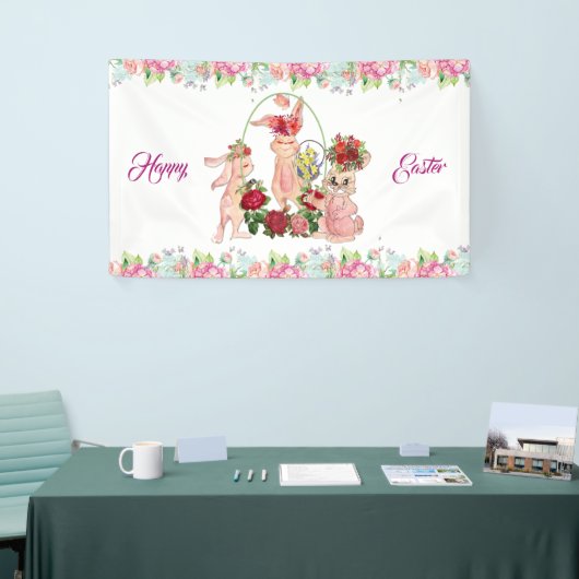 Happy Paaster Bunny Waterverf Floral Wreath Party Spandoek (Beurs)