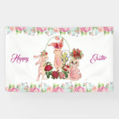 Happy Paaster Bunny Waterverf Floral Wreath Party Spandoek (Horizontaal)