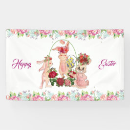 Happy Paaster Bunny Waterverf Floral Wreath Party Spandoek