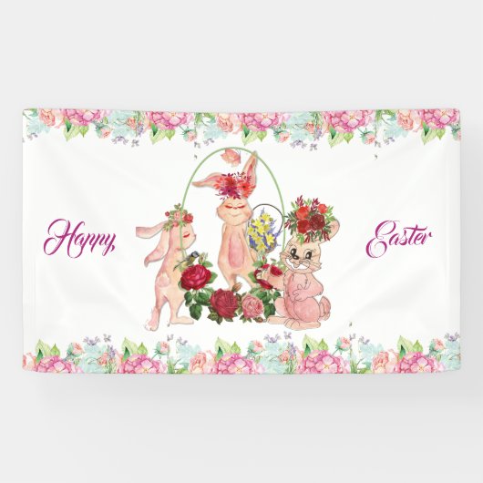Happy Paaster Bunny Waterverf Floral Wreath Party Spandoek (Horizontaal)