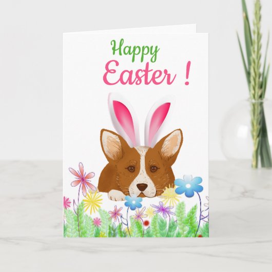 Happy Paaster Card | Corgi met paasbunny Ear Feestdagen Kaart (Voorkant)