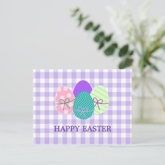 Happy Paaster Country Lavender Gingham Pattern Feestdagenkaart (Staand voorkant)