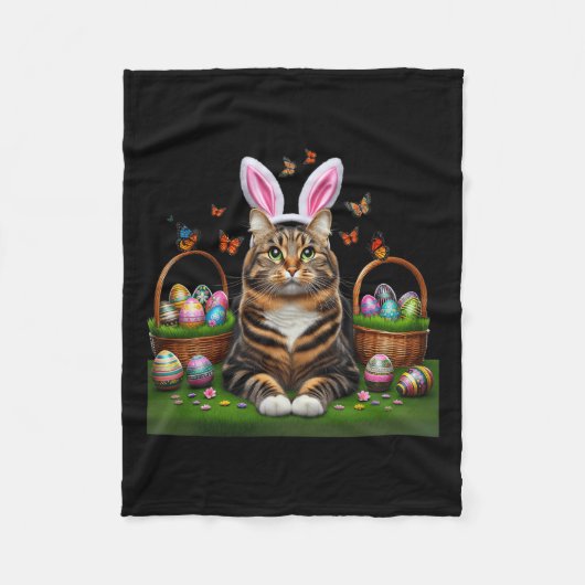 Happy Paaster Cute Bunny Cat Eggs Basket Easter Ca Fleece Deken (Voorkant)