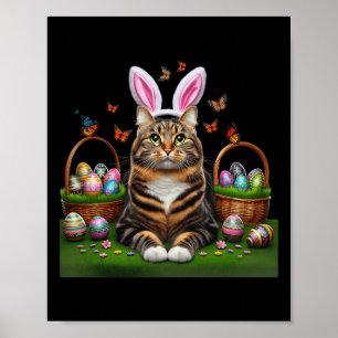 Happy Paaster Cute Bunny Cat Eggs Basket Easter Ca Poster