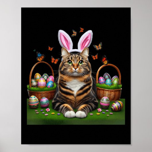 Happy Paaster Cute Bunny Cat Eggs Basket Easter Ca Poster (Voorkant)