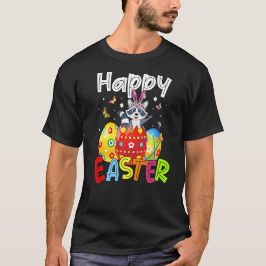 Happy Paaster Cute Bunny Rabiit Raccoon Eggs Hunt T-shirt (Voorkant)