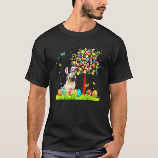 Happy Paaster Day Cute Bunny Pug Easter Tree D T-shirt (Voorkant)