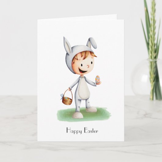 Happy paaster Egg Hunt Boy met Bunny Costume Kaart (Voorkant)