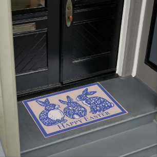 Happy Paaster Rabbit Bunny Blue White Delft Dedham Deurmat