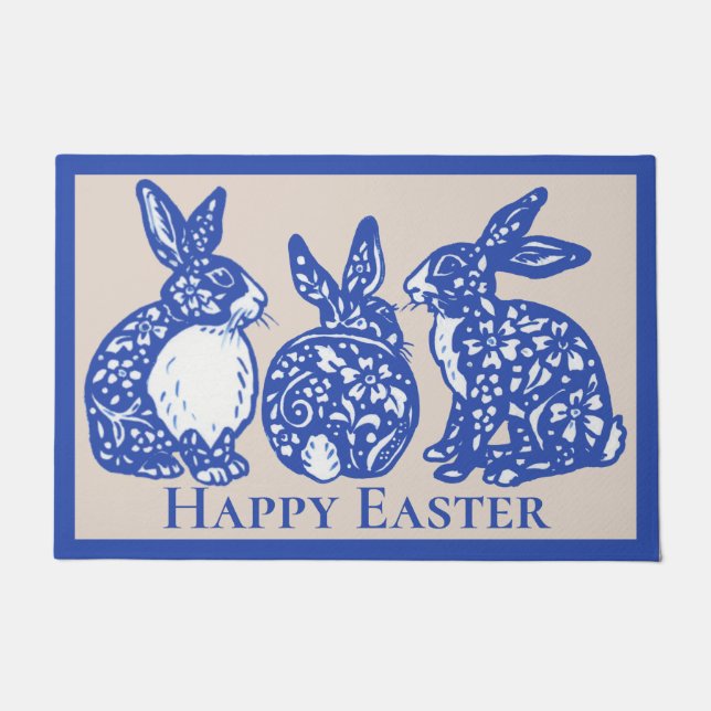 Happy Paaster Rabbit Bunny Blue White Delft Dedham Deurmat (Voorkant)