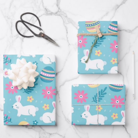 Happy Paaster Rabbit Floral Inpakpapier Vel (Voorkant)