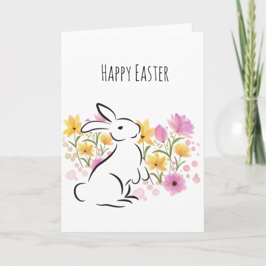Happy Paaster White Rabbit Flowers Blank Card Feestdagen Kaart (Voorkant)