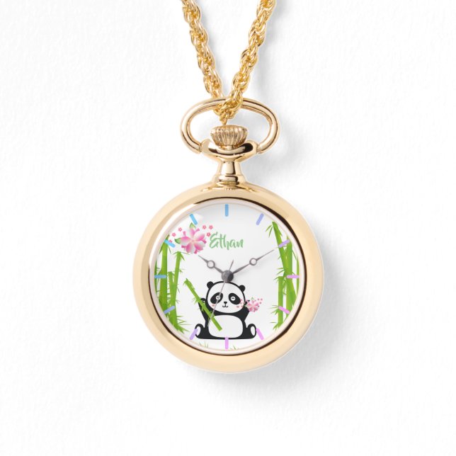 Happy Panda met Bamboo en Cherry Blossom Horloge (Voorkant)
