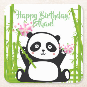 Happy Panda met Bamboo en Cherry Blossom Kartonnen Onderzetters