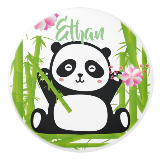 Happy Panda met Bamboo en Cherry Blossom Keramische Knop (Voorkant)