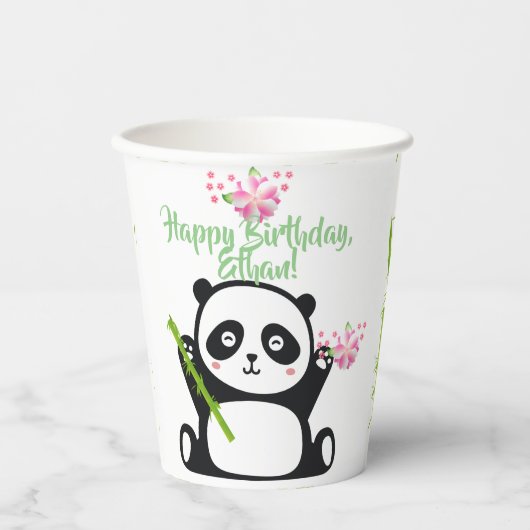 Happy Panda met Bamboo en Cherry Blossom   Papieren Bekers (Voorkant)