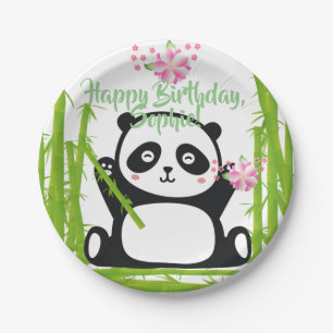 Happy Panda met Bamboo en Cherry Blossom Papieren Bordje