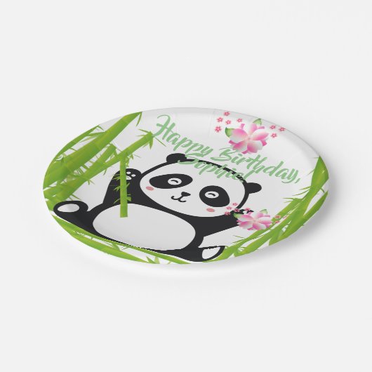 Happy Panda met Bamboo en Cherry Blossom Papieren Bordje (Gekanteld)