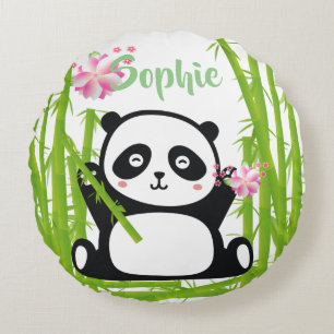 Happy Panda met Bamboo en Cherry Blossom   Rond Kussen