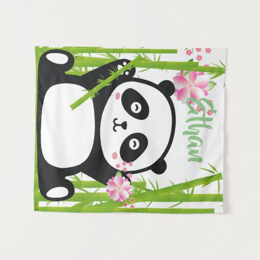 Happy Panda met Bamboo en Cherry Blossom Wandkleed (Voorkant (horizontaal))