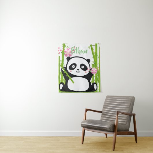 Happy Panda met Bamboo en Cherry Blossom Wandkleed (In situ)