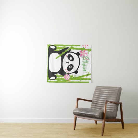 Happy Panda met Bamboo en Cherry Blossom Wandkleed (In Situ (horizontaal))