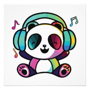 Happy Panda met hoofdtelefoons die naar muziek lui Foto Afdruk