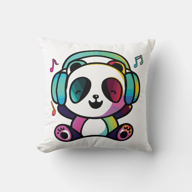 Happy Panda met hoofdtelefoons die naar muziek lui Kussen (Voorkant)